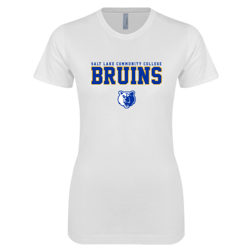  Next Level Womens White Boyfriend Tee - Stacked w Bear Head