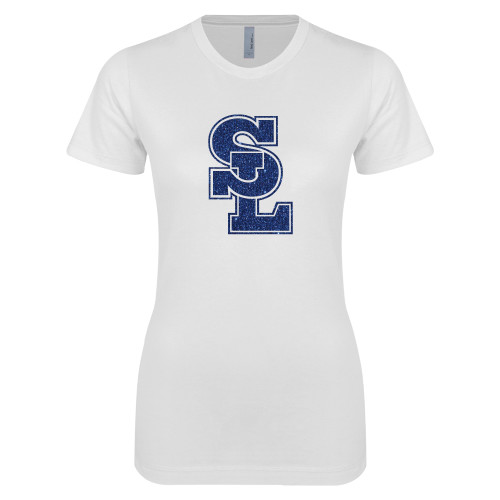  Next Level Womens White Boyfriend Tee - H Dark Blue Glitter