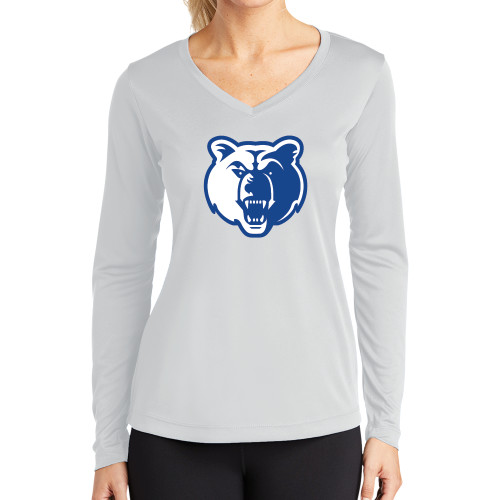  Womens White Performance Long Sleeve V Neck Shirt - Bear Head