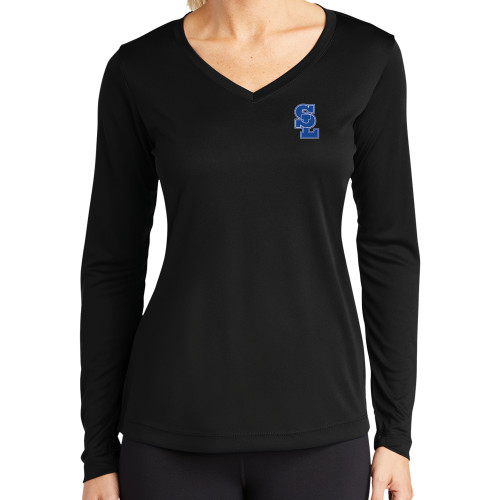  Womens Black Performance Long Sleeve V Neck Shirt - Primary Mark
