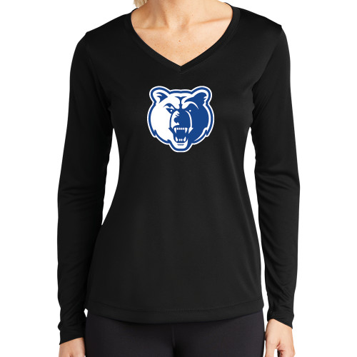  Womens Black Performance Long Sleeve V Neck Shirt - Bear Head