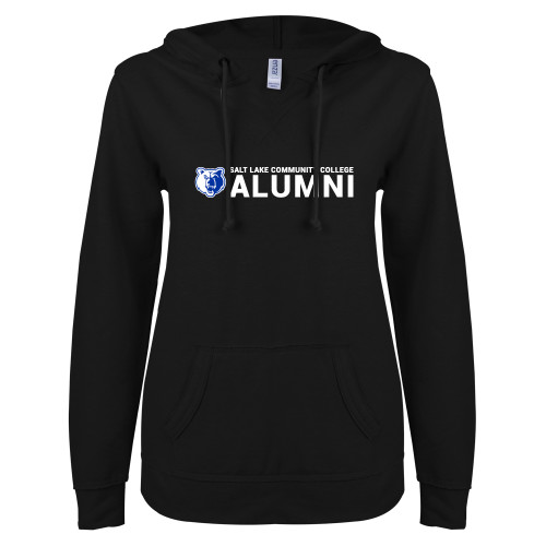 ENZA Womens Black V Notch Raw Edge Fleece Hoodie - Alumni