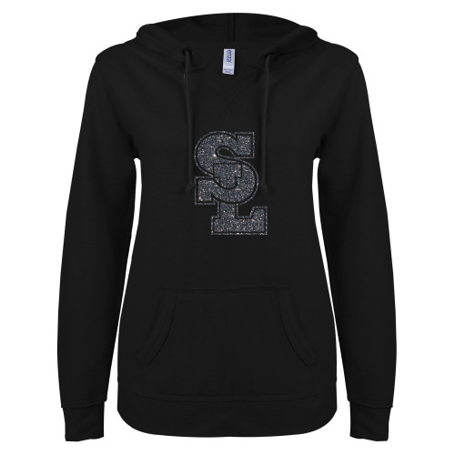  ENZA Womens Black V Notch Raw Edge Fleece Hoodie - F Graphite Soft Glitter