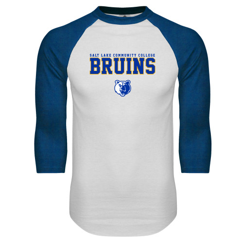  White/Royal Raglan Baseball T Shirt - Stacked w Bear Head