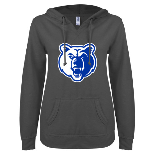  ENZA Womens Dark Heather V Notch Raw Edge Fleece Hoodie - Bear Head