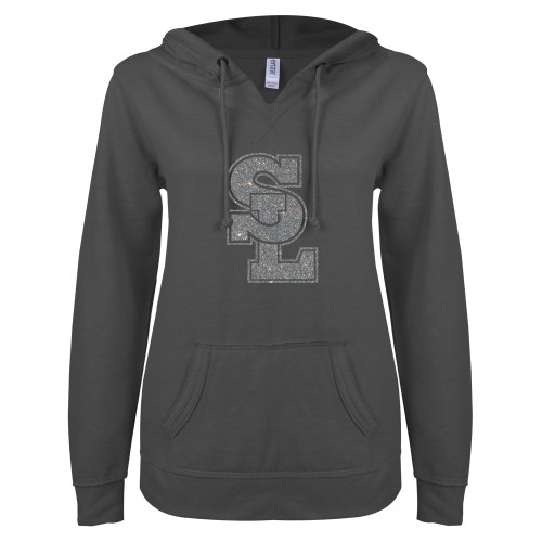  ENZA Womens Dark Heather V Notch Raw Edge Fleece Hoodie - A Silver Soft Glitter
