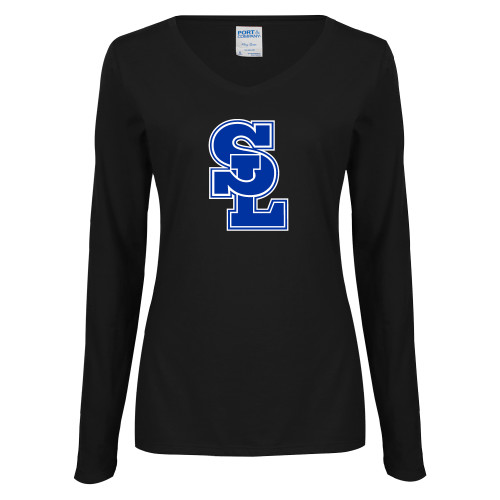  Womens Black Long Sleeve V Neck Tee  - Primary Mark