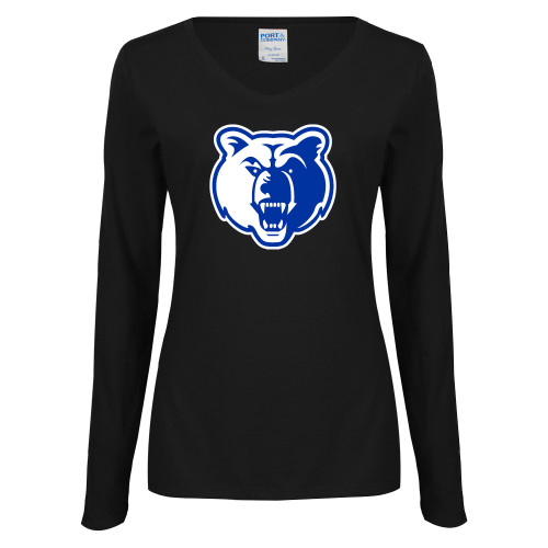  Womens Black Long Sleeve V Neck Tee  - Bear Head
