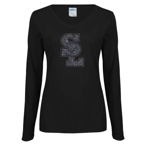  Womens Black Long Sleeve V Neck Tee  - F Graphite Soft Glitter