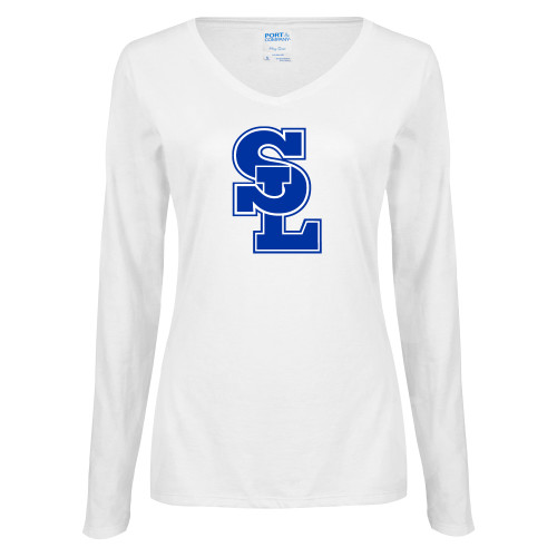  Womens White Long Sleeve V Neck Tee - Primary Mark