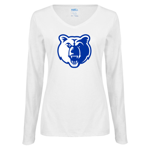  Womens White Long Sleeve V Neck Tee - Bear Head
