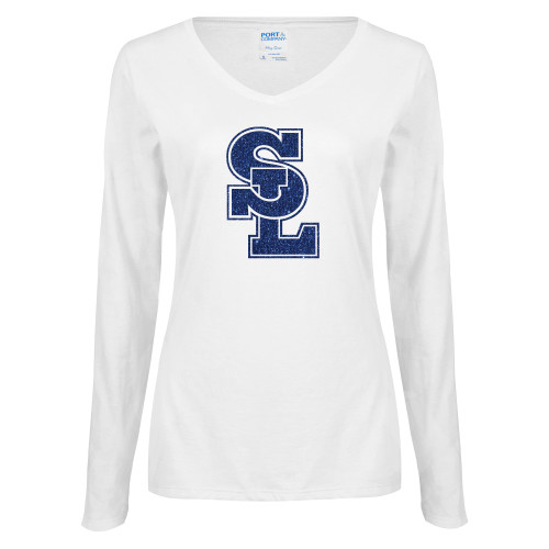  Womens White Long Sleeve V Neck Tee - H Dark Blue Glitter