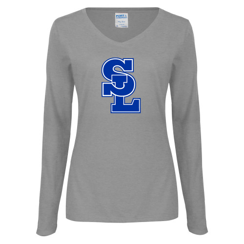  Womens Grey Long Sleeve V Neck Tee  - Primary Mark