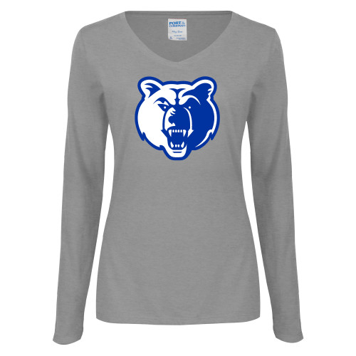  Womens Grey Long Sleeve V Neck Tee  - Bear Head