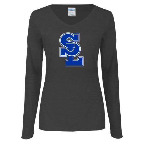  Womens Dark Heather Long Sleeve V Neck Tee  - Primary Mark