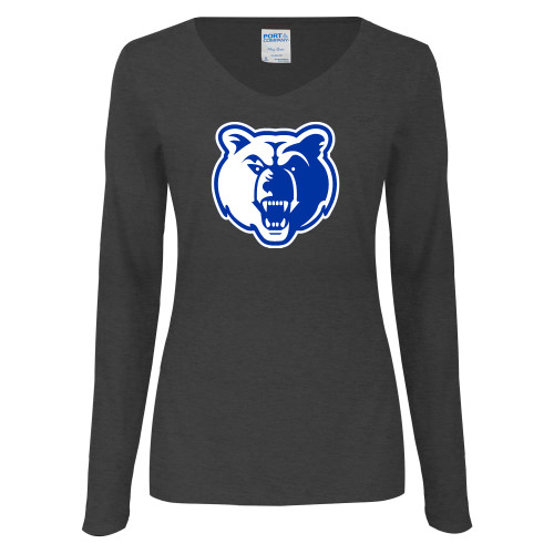  Womens Dark Heather Long Sleeve V Neck Tee  - Bear Head