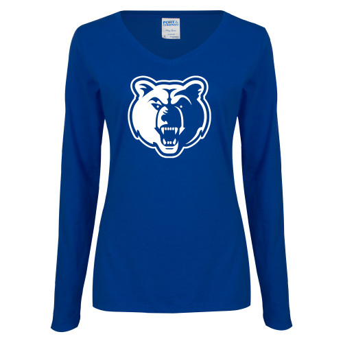  Womens Royal Long Sleeve V Neck Tee  - Bear Head