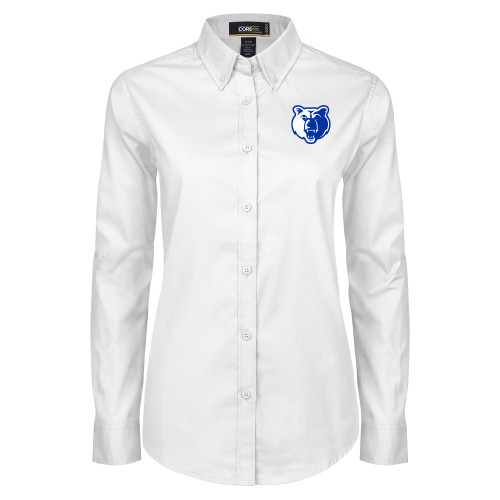  Womens White Twill Button Down Long Sleeve - Bear Head