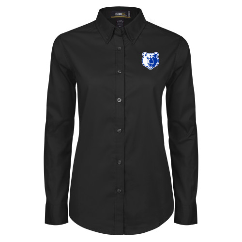  Womens Black Twill Button Down Long Sleeve  - Bear Head
