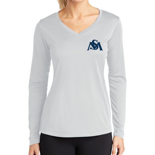  Womens White Performance Long Sleeve V Neck Shirt - SM Athletics Interlock