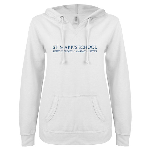  ENZA Womens White V Notch Raw Edge Fleece Hoodie - St. Marks Wordmark