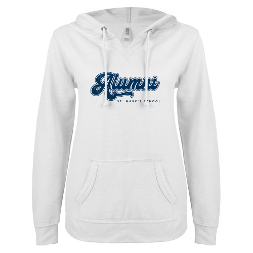  ENZA Womens White V Notch Raw Edge Fleece Hoodie - Alumni