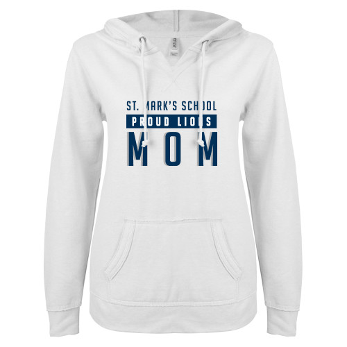  ENZA Womens White V Notch Raw Edge Fleece Hoodie - Proud Mom