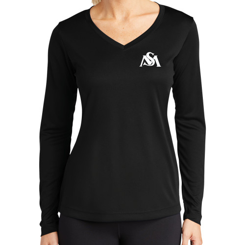  Womens Black Performance Long Sleeve V Neck Shirt - SM Athletics Interlock
