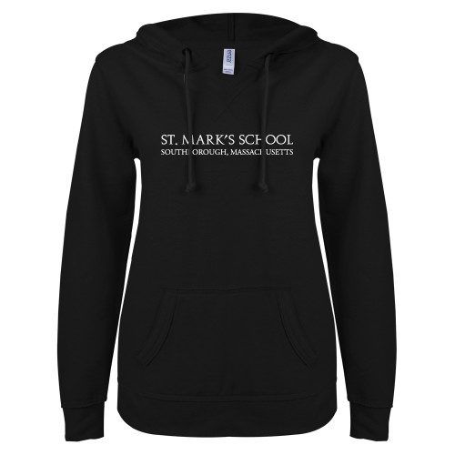  ENZA Womens Black V Notch Raw Edge Fleece Hoodie - St. Marks Wordmark
