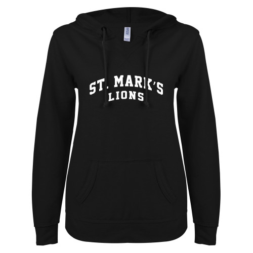  ENZA Womens Black V Notch Raw Edge Fleece Hoodie - Arch. St. Marks