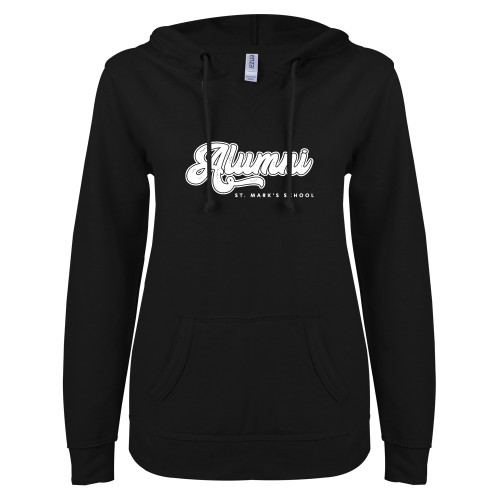  ENZA Womens Black V Notch Raw Edge Fleece Hoodie - Alumni