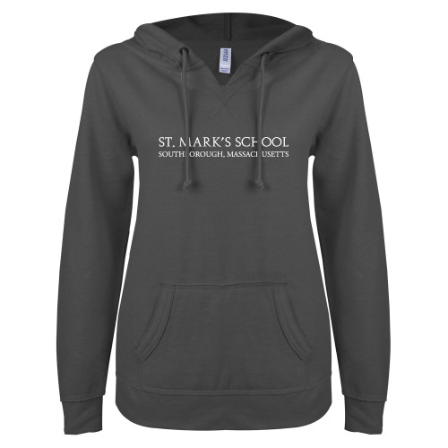  ENZA Womens Dark Heather V Notch Raw Edge Fleece Hoodie - St. Marks Wordmark