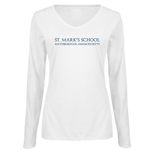 Womens White Long Sleeve V Neck Tee - St. Marks Wordmark