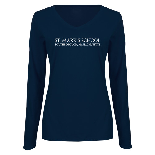  Womens Navy Long Sleeve V Neck Tee - St. Marks Wordmark