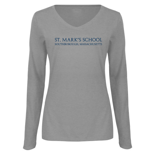  Womens Grey Long Sleeve V Neck Tee  - St. Marks Wordmark
