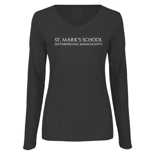  Womens Dark Heather Long Sleeve V Neck Tee  - St. Marks Wordmark