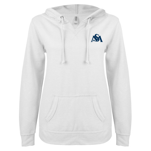  ENZA Womens White V Notch Raw Edge Fleece Hoodie - SM Athletic Interlock