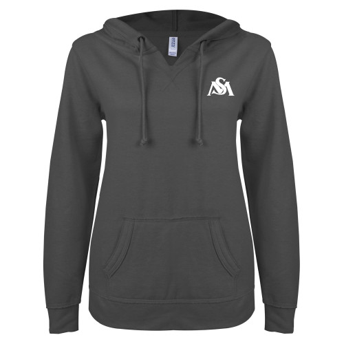  ENZA Womens Dark Heather V Notch Raw Edge Fleece Hoodie - SM Athletic Interlock