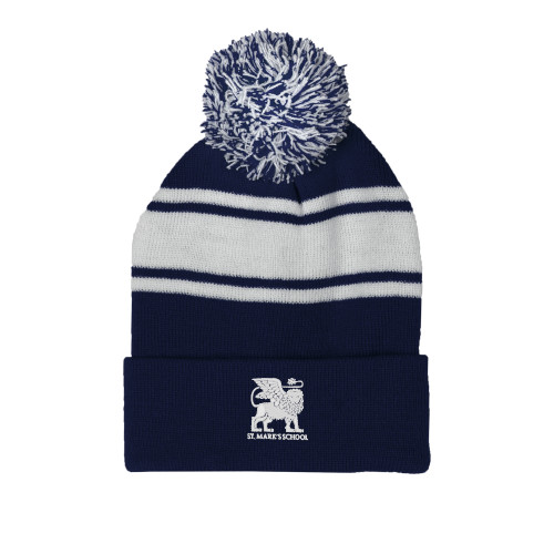  Navy/White Two Tone Knit Pom Beanie w/Cuff - Lions St. Marks