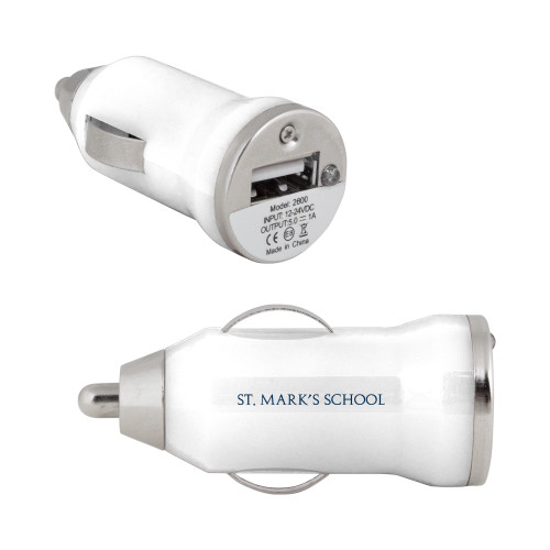  On the Go White Car Charger - St. Marks Wordmark