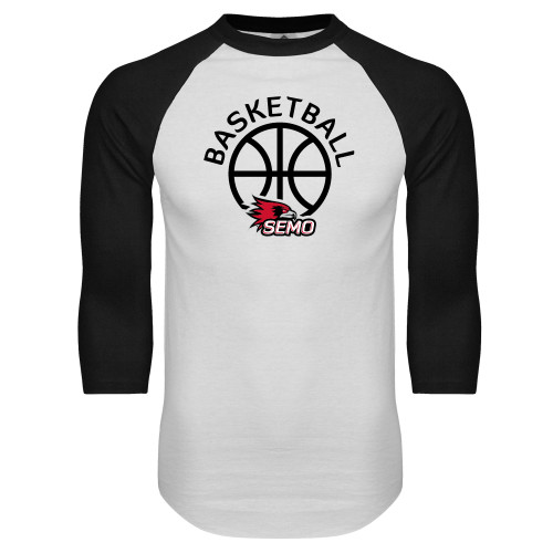  White/Black Raglan Baseball T Shirt - Basketball with Ball