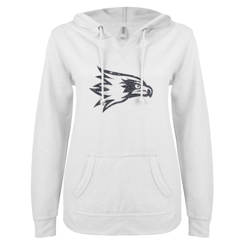  ENZA Womens White V Notch Raw Edge Fleece Hoodie - F Graphite Soft Glitter