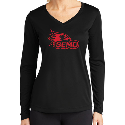  Womens Black Performance Long Sleeve V Neck Shirt - SEMO Logo