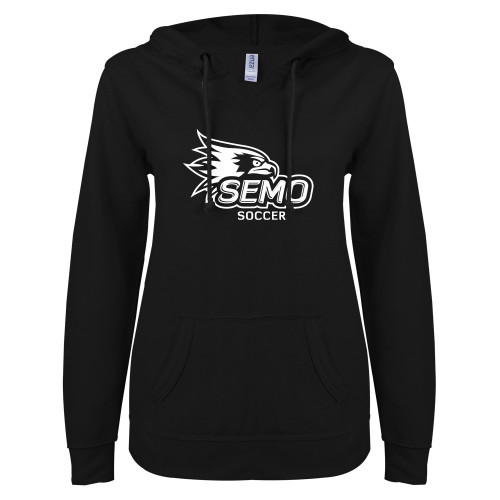  ENZA Womens Black V Notch Raw Edge Fleece Hoodie - Soccer