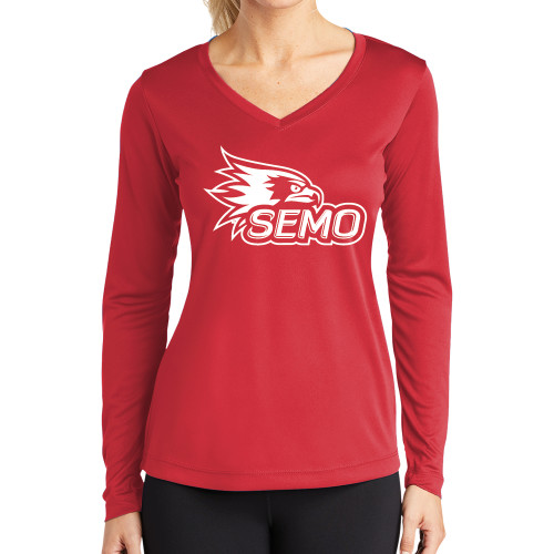  Womens Red Performance Long Sleeve V Neck Shirt - SEMO Logo