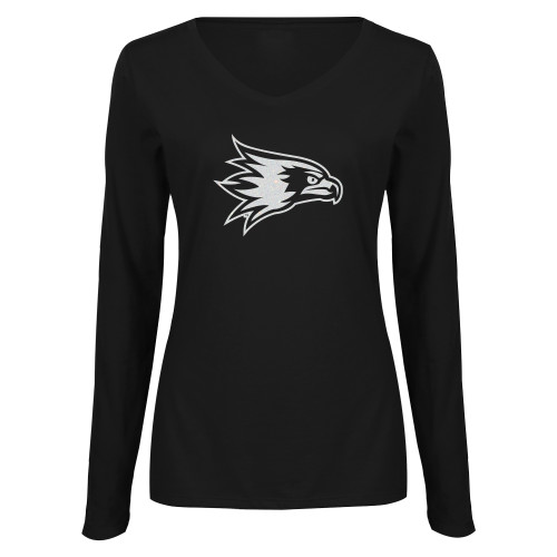 Womens Black Long Sleeve V Neck Tee  - Glitter White Soft Reversed