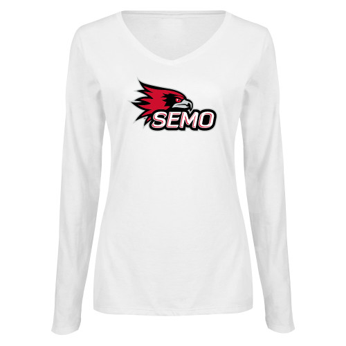  Womens White Long Sleeve V Neck Tee - SEMO Logo