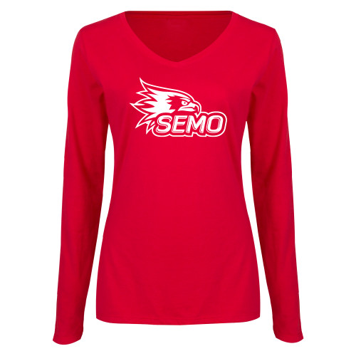  Womens Red Long Sleeve V Neck Tee - SEMO Logo