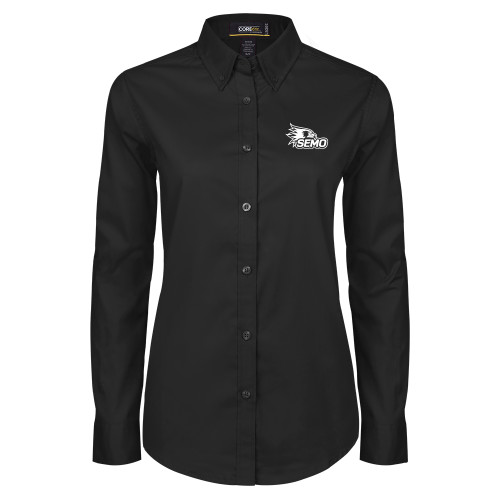  Womens Black Twill Button Down Long Sleeve  - SEMO Logo Embroidery
