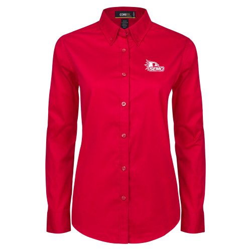  Womens Red Twill Button Down Long Sleeve  - SEMO Logo Embroidery